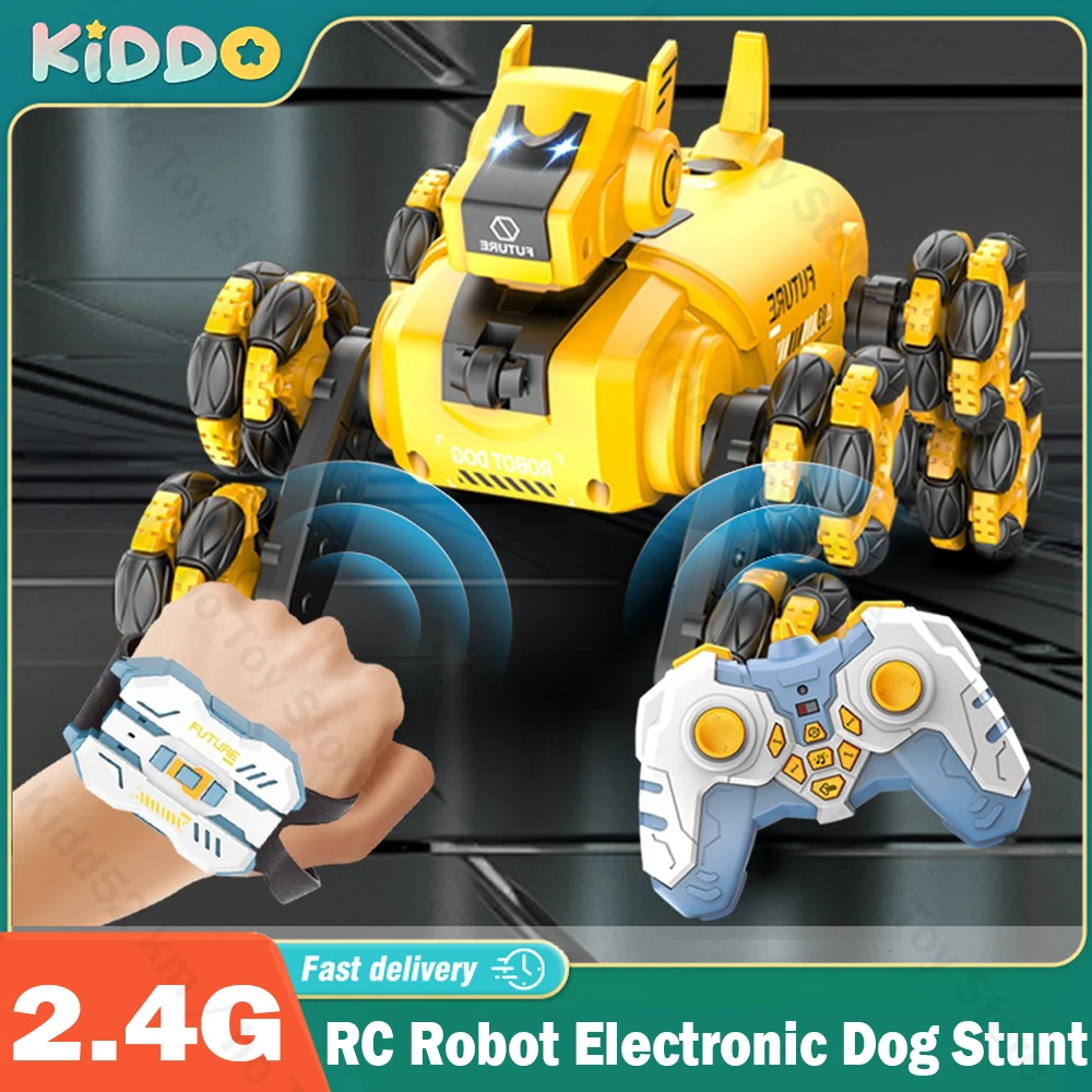 RC Robot Electronic Dog Stunt Dog Light Dual Mode Music Song Drift Rotation Mechanical Dog Spray Control for Kids Adults Toys