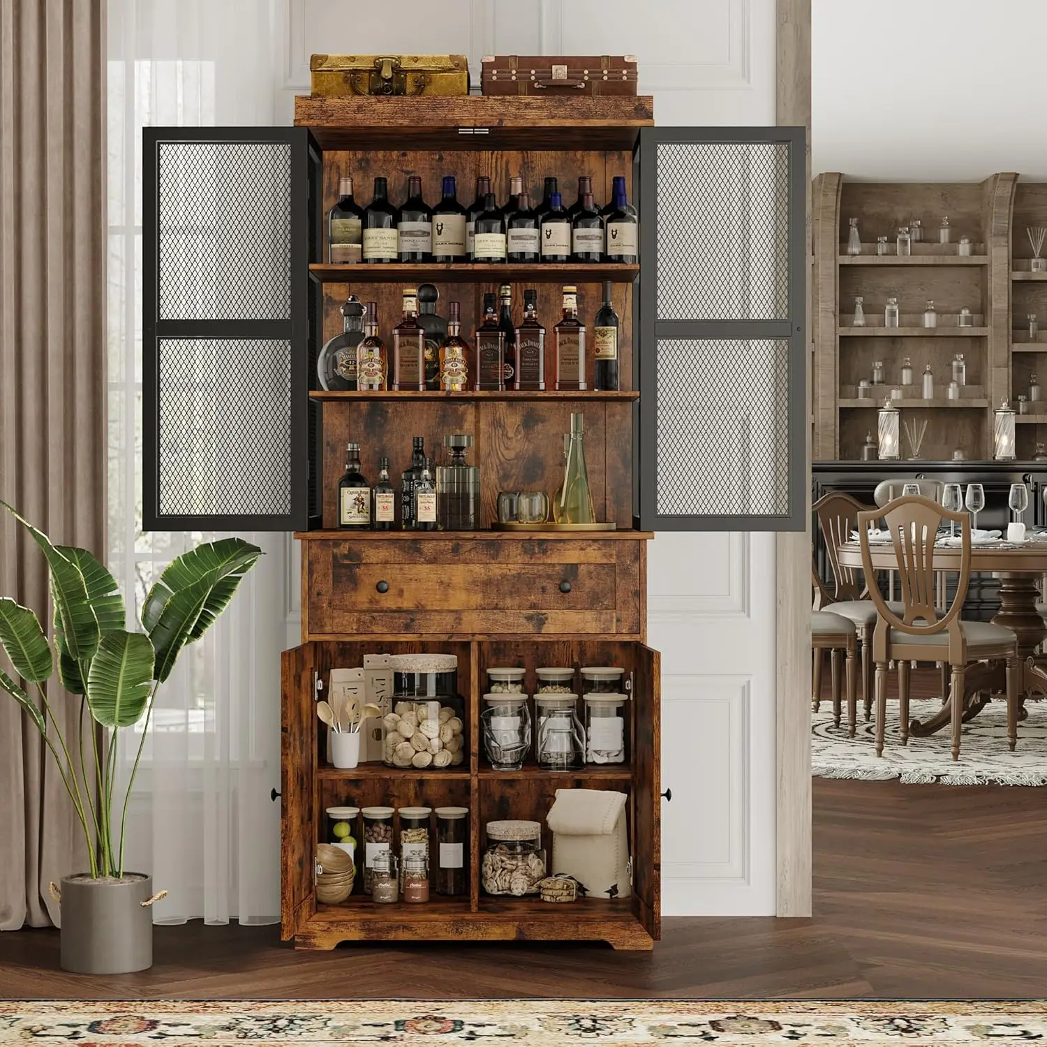 

71” Kitchen Pantry Storage Cabinet with Adjustable Shelf, Drawer and Barn Door,Bar Cabinet with Visual Metal Mesh Door