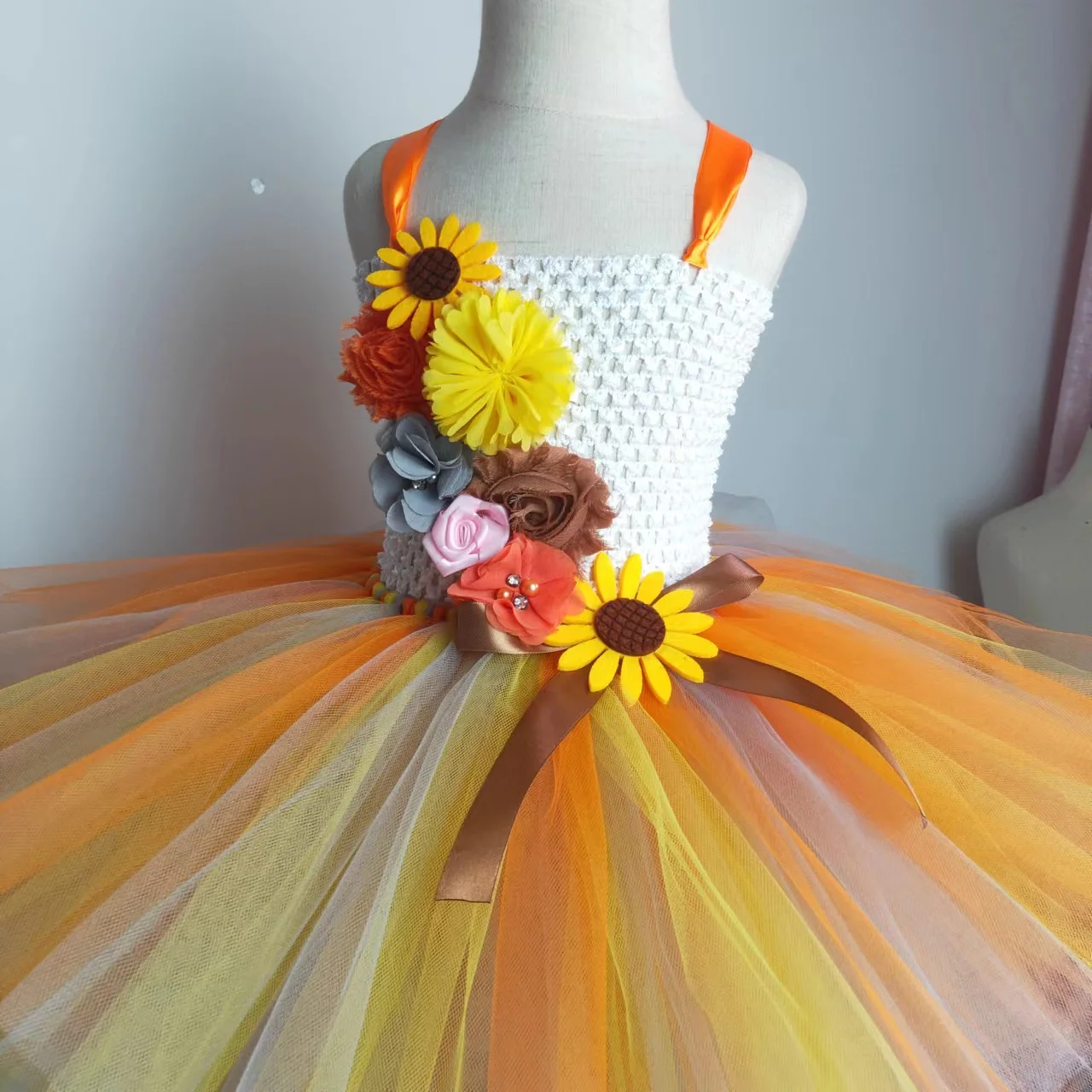 Orange Gold Sunflower Girl Tutu Dress for Kids Fall Autumn Halloween Costumes Girls Fairy Princess Dresses Children Birthday Out