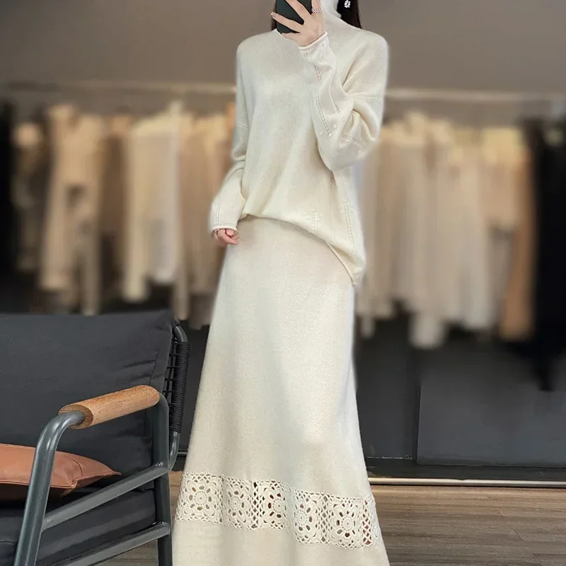 Upscale Fashion 100% Pure Wool Women's Set 2023 New Knitted High Neck Pullover Sweater Long Half Skirt Women's Two Piece Set