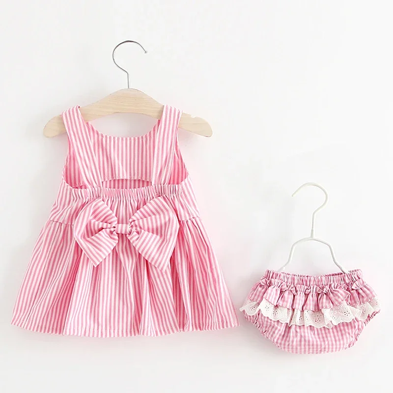 2024 Girls Cute Summer Sleeveless Dress Girl 2Pieces Sets Short Pants+Dress Set Stripe Patten for Baby 6-24M