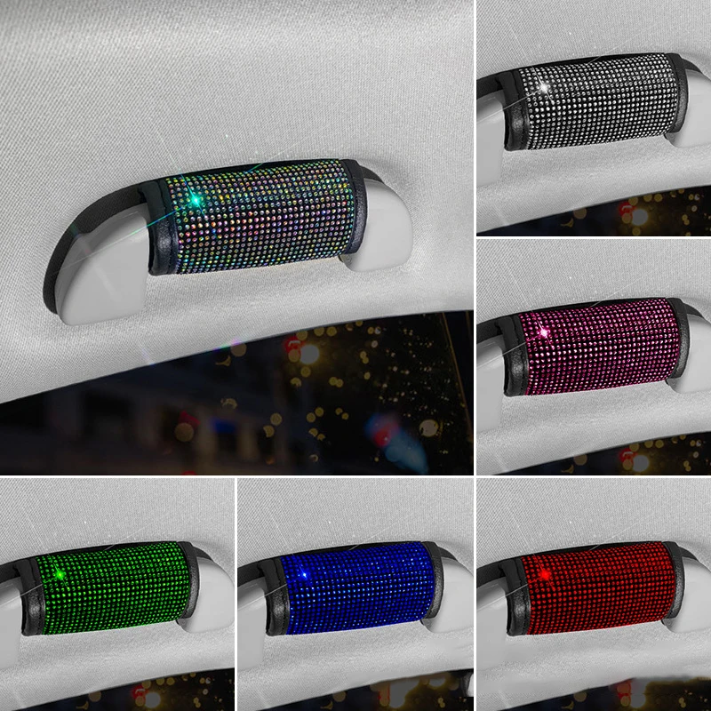 1pc Car Roof Handle Protector Covers Bling Rhinestone Inner Car Door Armrest Panel Pull Nonslip Decor Cover Women Auto Interior