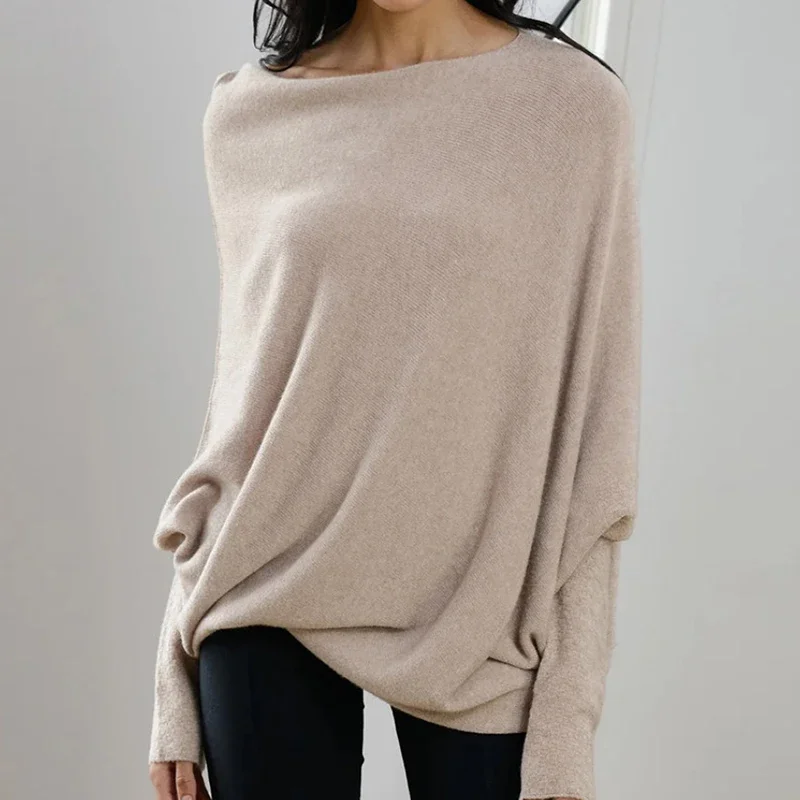 Autumn Casual Solid Round Neck Women Sweaters Loose Batwing Sleeve Knitted Pullover Sweater Woman Winter Sexy Knitwear Top 30463