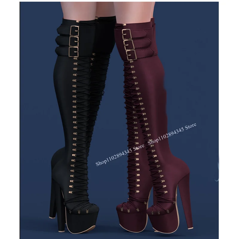 

Black Lace Up Over Knee Platform Boots Thin High Heel Cool Fashion Sexy 2024 Winter Big Size Woman Shoes Zapatillas Mujer