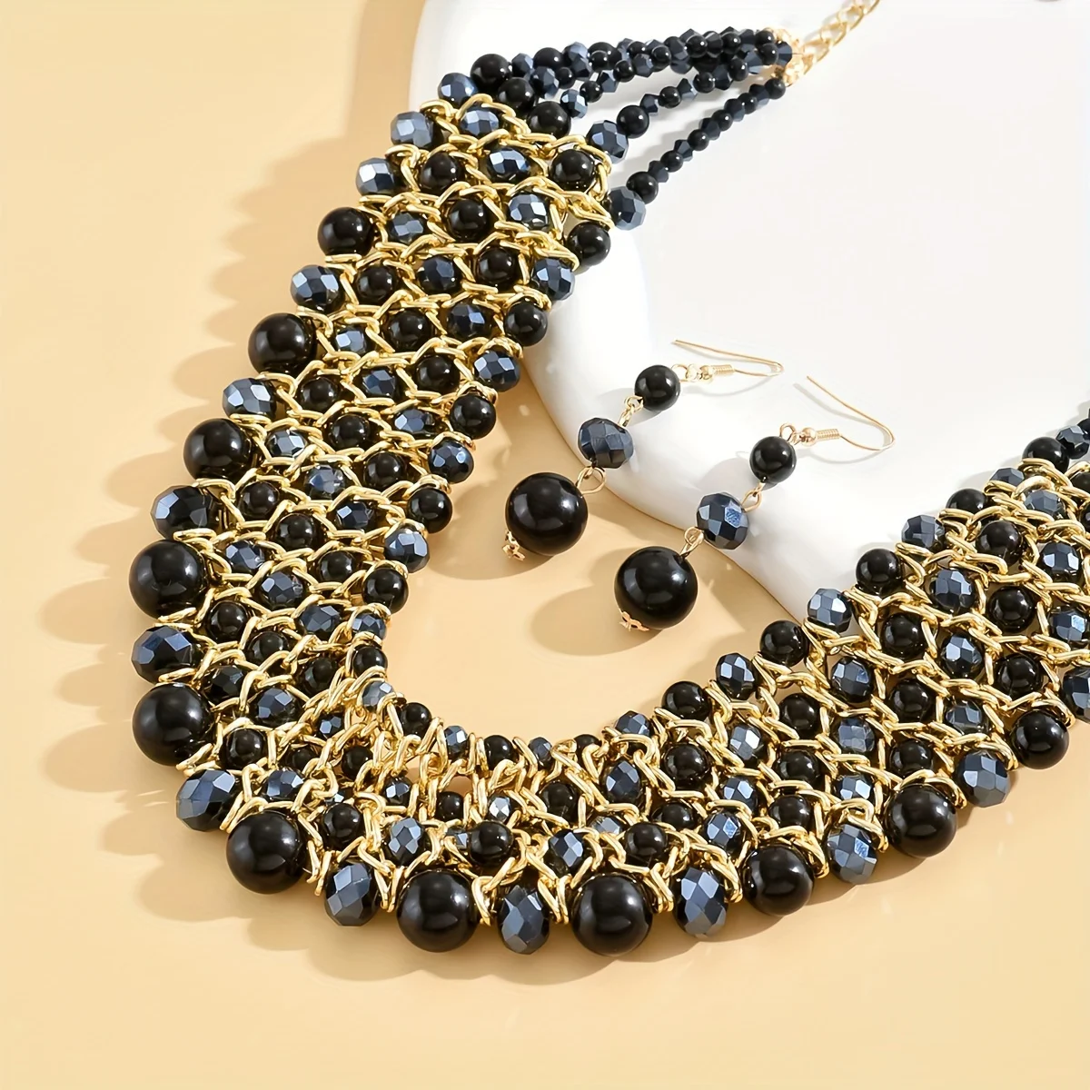 Boho style handcrafted 5-row beaded personality Necklace and earring set - elegant woven jewelry with black beads for ladies
