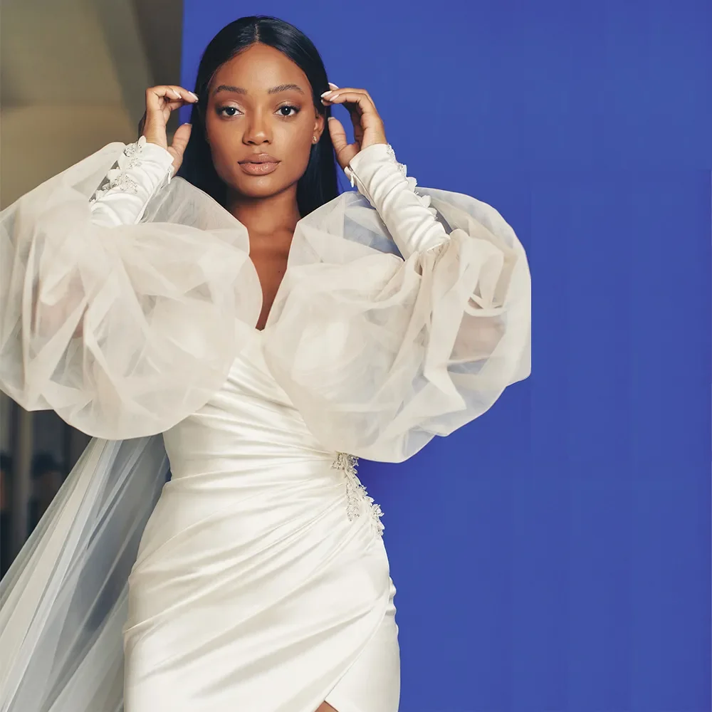 Vestidos de casamento de bainha curta com trem destacável manga inchada mini praia vestido de noiva ruched cetim duas peças vestidos de casamento