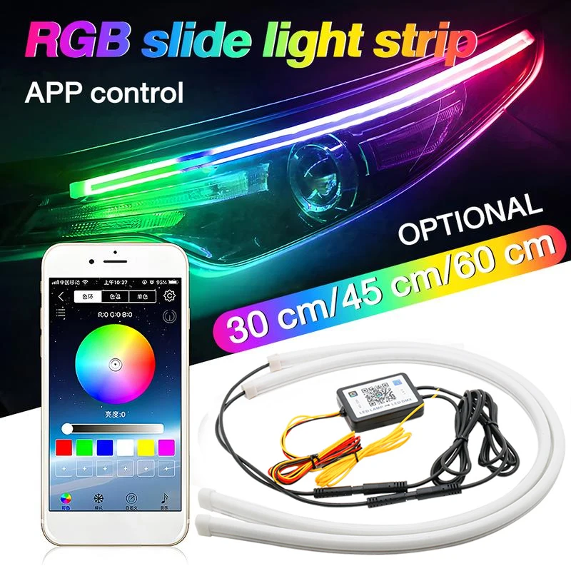 12V DRL Auto-LED-Tagfahrlicht APP-Steuerung Flexibler RGB-Symphonie-Lauflichtstreifen Dekorative Scheinwerferlampe