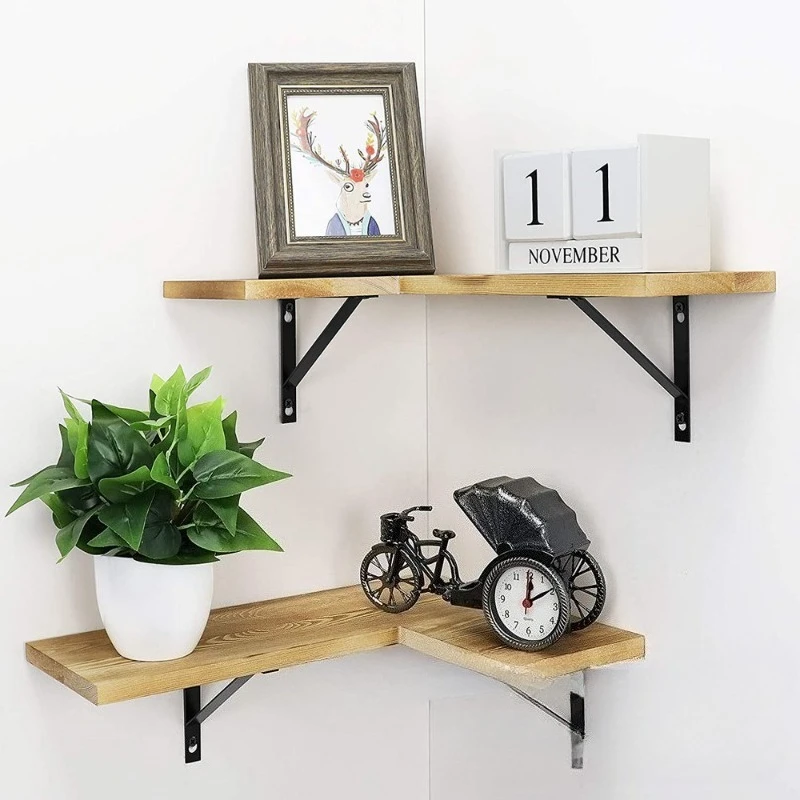 Factory Price L-Shaped Wood Corner Shelves for Wall Corner Wall Shelf for Living Room Bedroom Kitchen Floating Shelves Set of 2