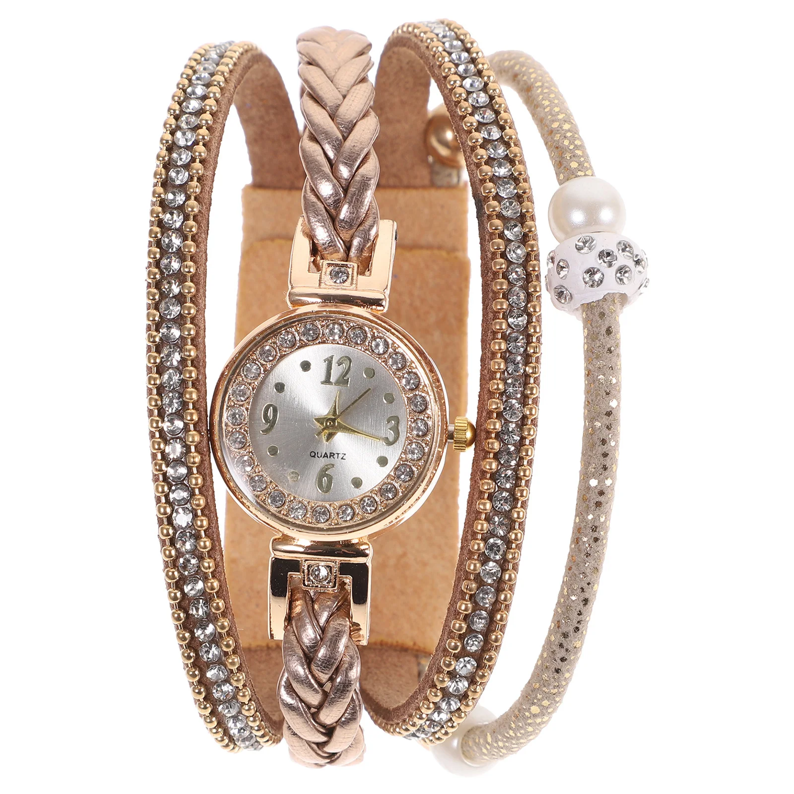 

Fashion Rhinestone Watch For Women Beige Multi-Layer Weave Bracelet Quartz Wristwatch Party Wedding Gift Women Quartz