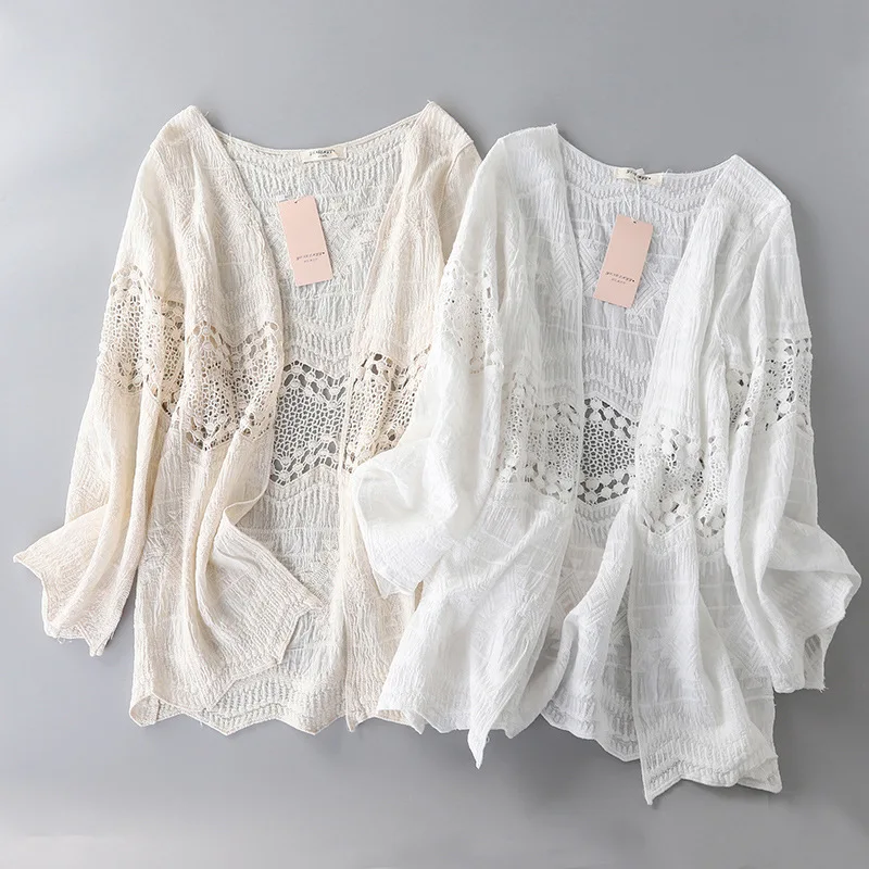 Women Pure Cotton Embroidered Lace Sun Protection Shawl Hollow Out Long Sleeve Loose Outerwear Spring Summer Vacation Cardigan