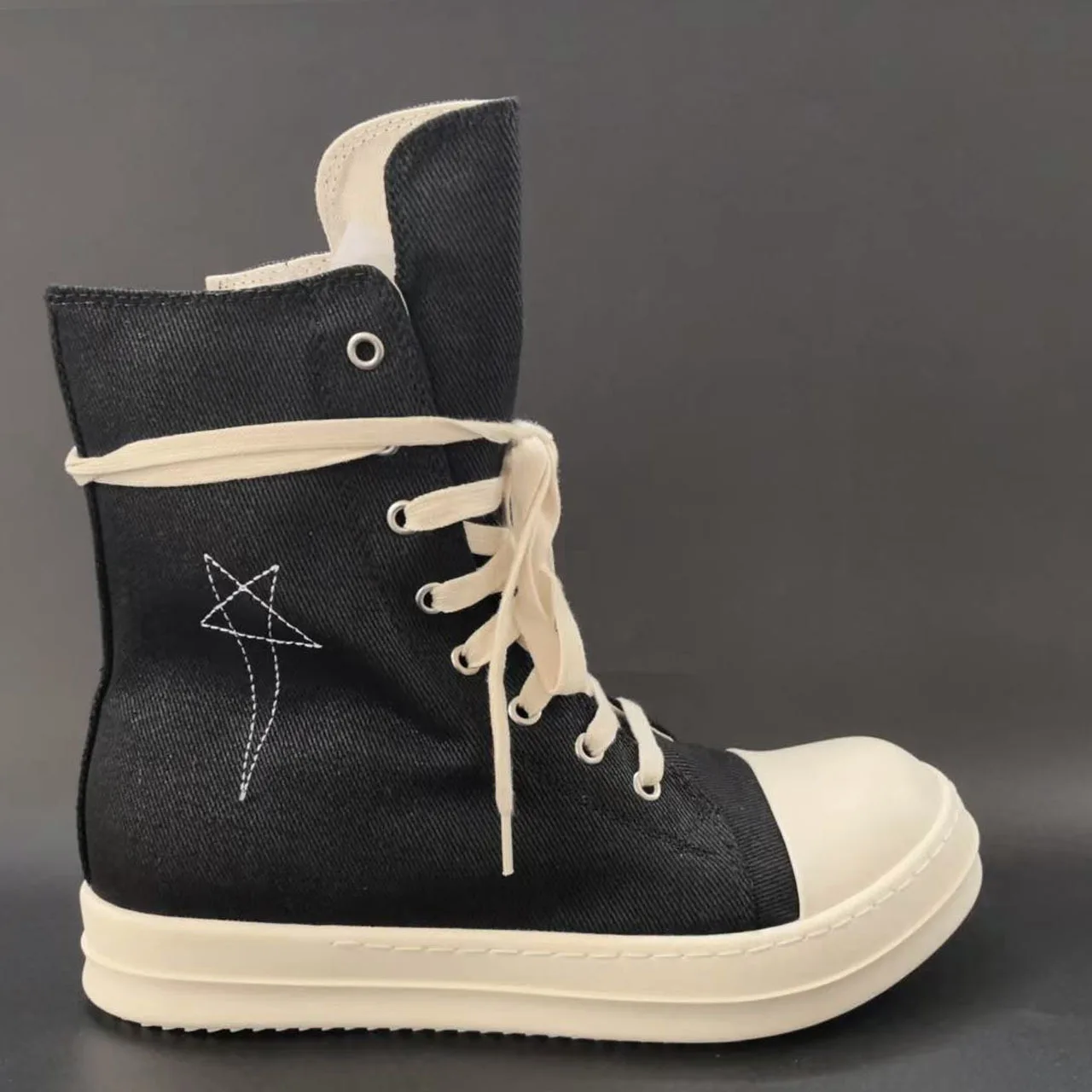 

Classic Black Canvas Sneakers Men‘s ’Brand Zipper Ankle Boots Star Embroidery Lace Up Casual Shoes Women Thick-soled Street Shoe