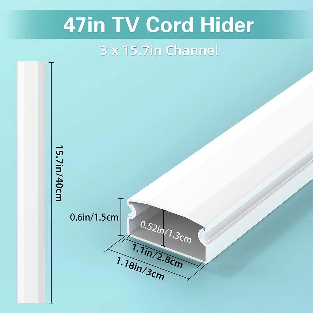 3pcs TV Cable Hider 47in PVC Cord Hider Cable Management Wall,Paintable Cable Concealer for Wall Mounted TV,L15.7 W1.2 H0.59in