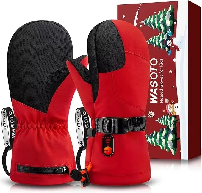 Wasoto WMK001 Kids Red 7.4V 3000mAh Heated PU Waterproof Touchscreen Compatible Full Finger Electric Heating Mittens for Skiing