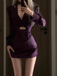 Spring Purple Elegant Short Party Dress Women Hollow Out Design Vintage Mini Dress Female Korean Fashion Sexy One Piece Dress