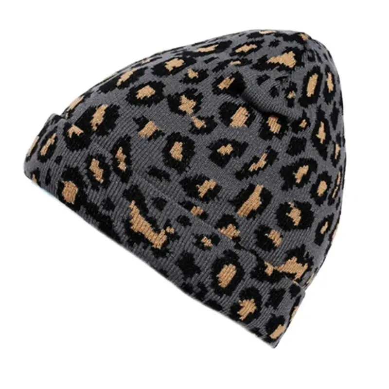 39BD Vintage Leopard-print Beanie Hat Stretchable Knit Hat Wool Hat All-match Winter