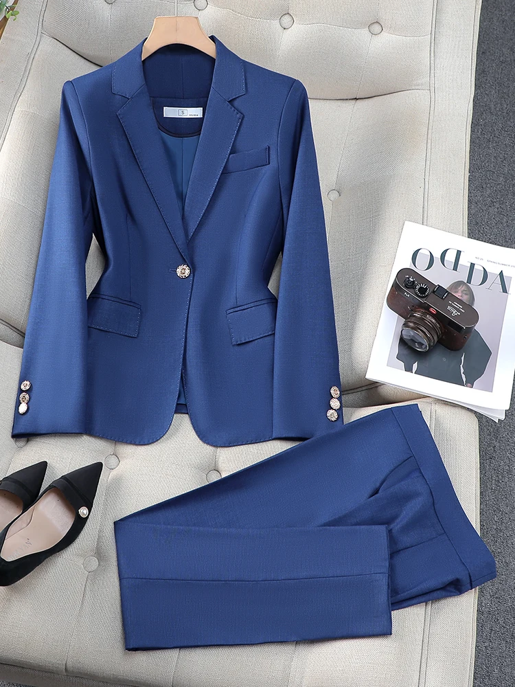 Women Pant Suit Gray Navy Solid Office Ladies Female Business Work Wear 2 Piece Set Formal Blazer Jacket And Trouser