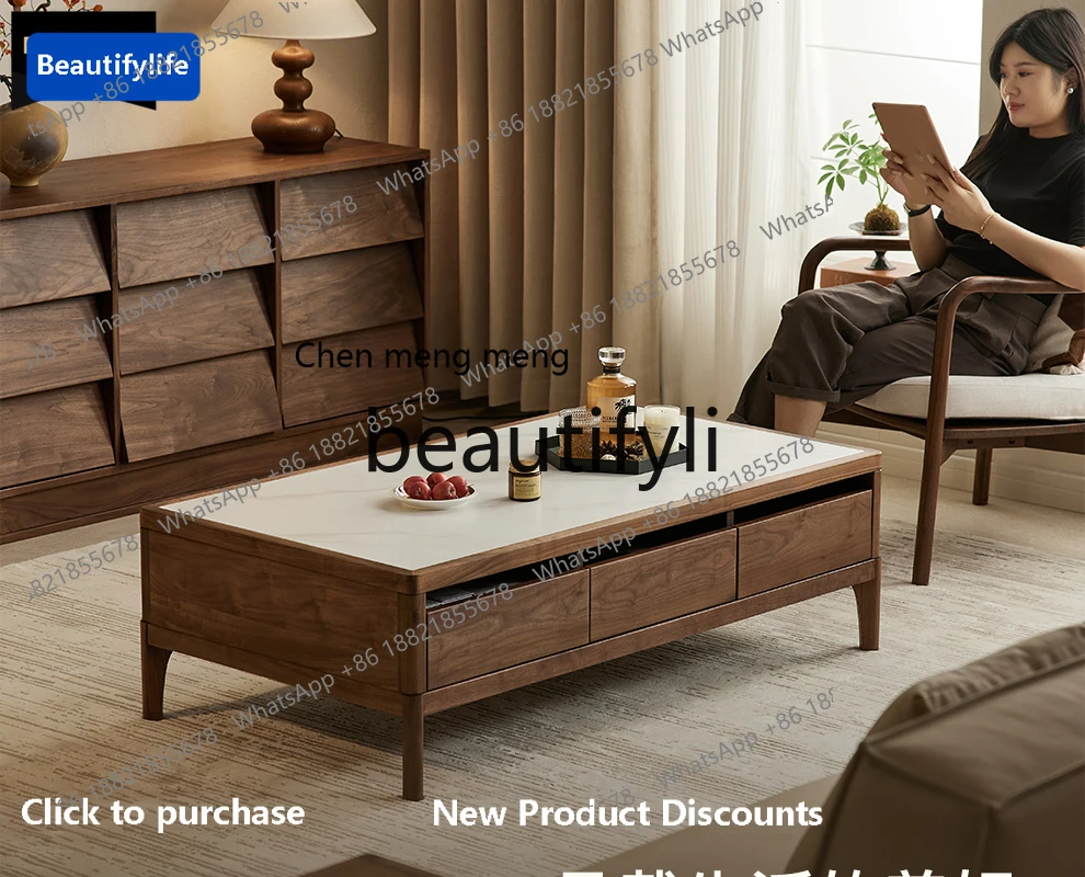 

178CC Black Walnut Wood Coffee Table Solid Wood Rectangular Living Room Rock Plate Coffee Table TV Cabinet Combination