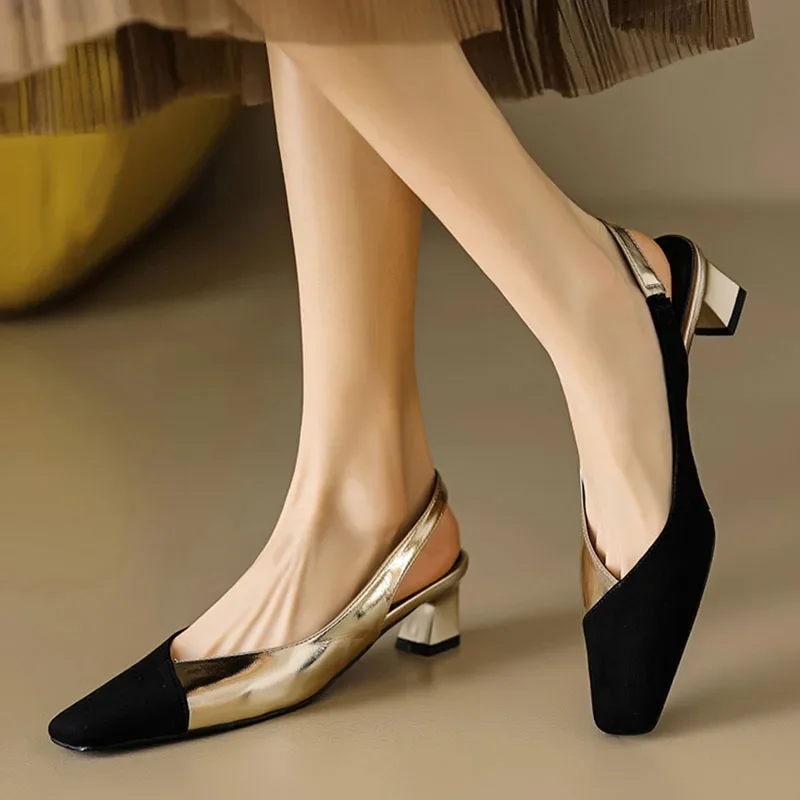 Sandały damskie Square Toe Black Toe Patchwork Pumps Gold Sliver Slingbacks Mid Heels Summer Female Dress Shoes Plus Size 41 1363N