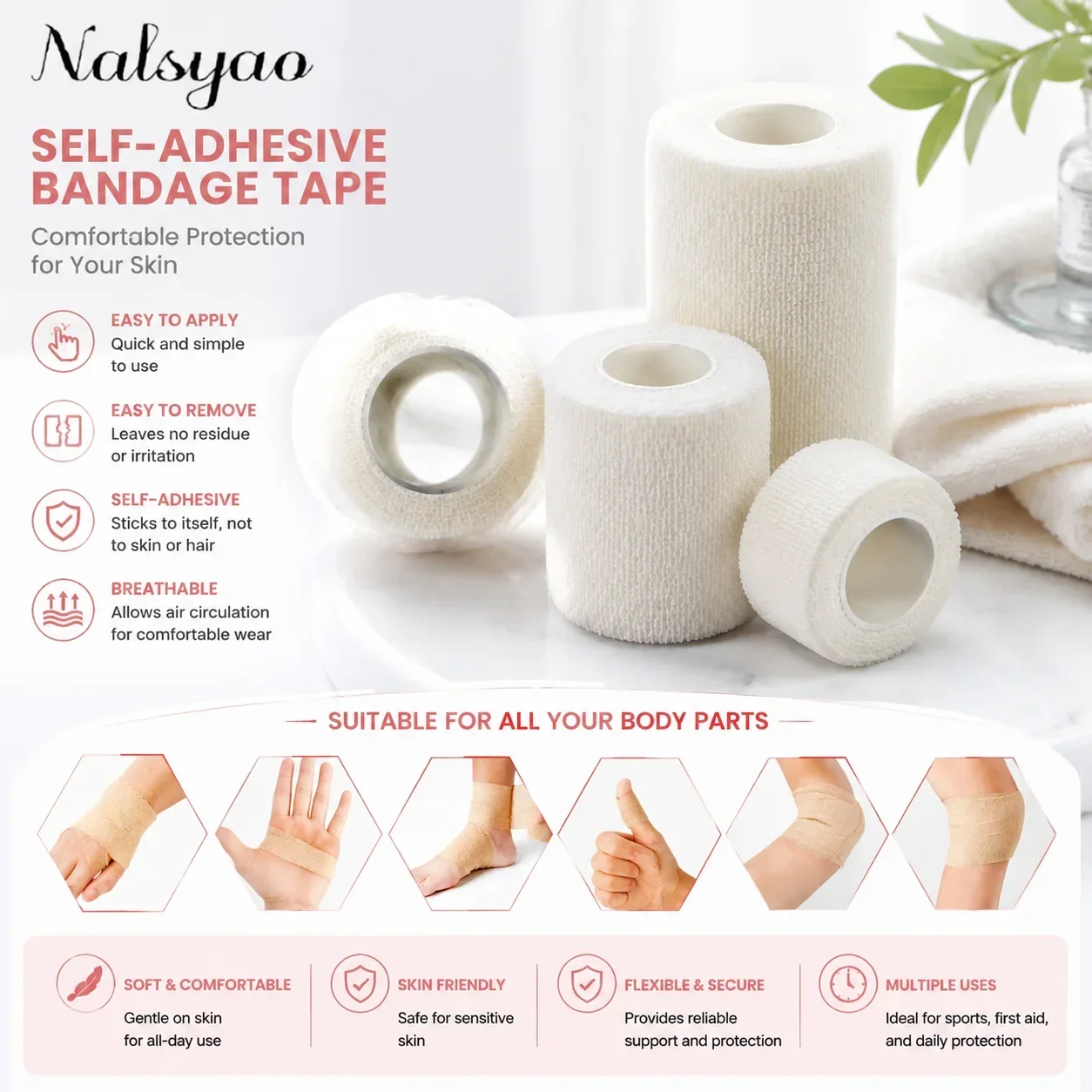 Wrist Leg 5 Pcs 2.5/5/7.5/10cm Self Adhesive Elastic Bandage Cohesive Non-woven Wrap Tape for Sports Finger Support