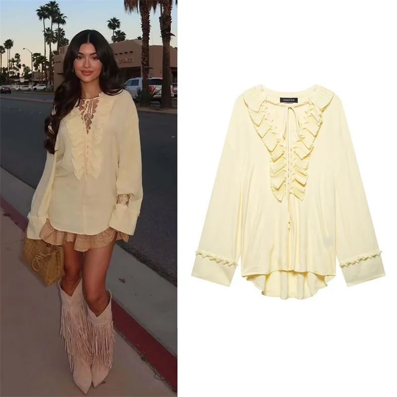 

Women's Blouse New Summer 2025 Yellow Loose Long-Sleeved Shirt Sexy V-Neck Ruffle Trim Stylish Personality