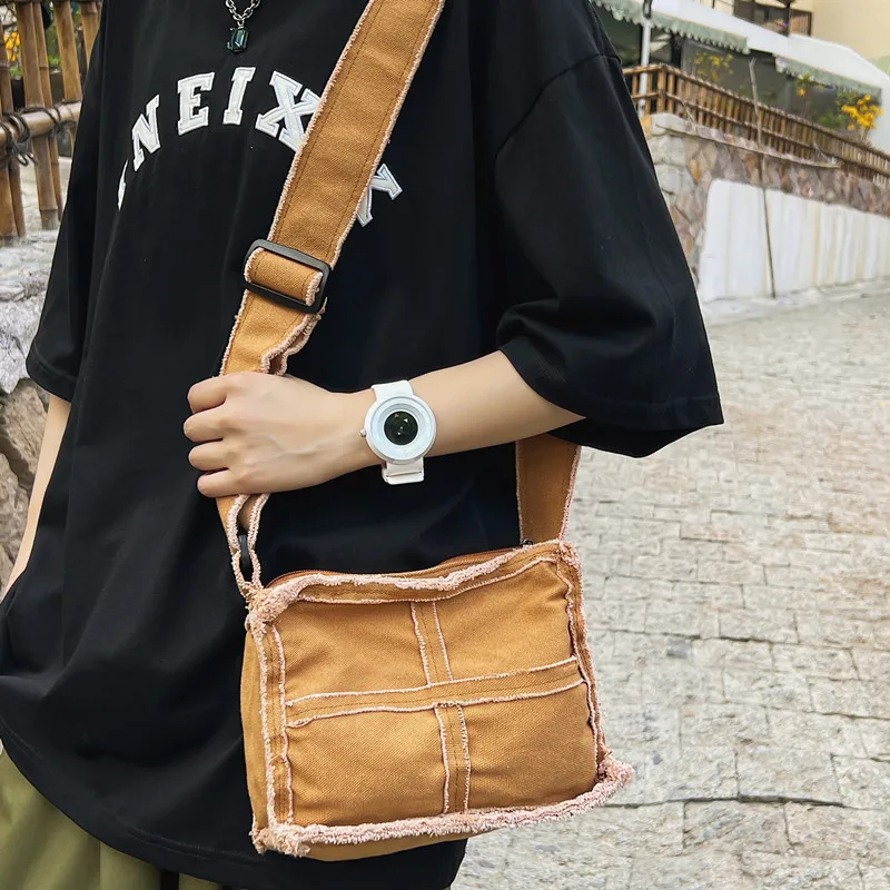 Vintage Canvas Crossbody Bag Retro Raw Edge Messenger Bag Casual Zip Square Purse Shoulder Handbag For Women Daily Travel