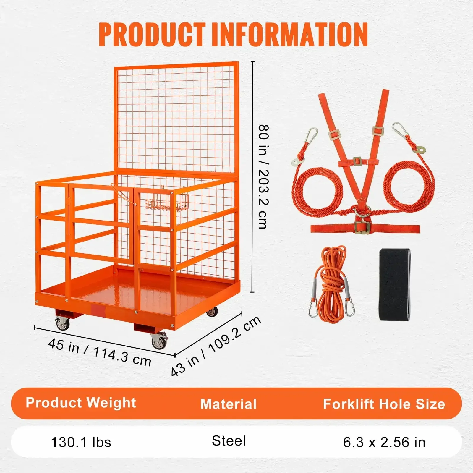 Forklift Safety Cage Work Platform 43X45in 1400lbs w/ Wheels for Aerial