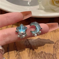 Niche Design Asymmetrical Planet Star Pearl Ear Clip Earrings 2023 Blue Moon Star Clip on Earrings for Women Without Piercing