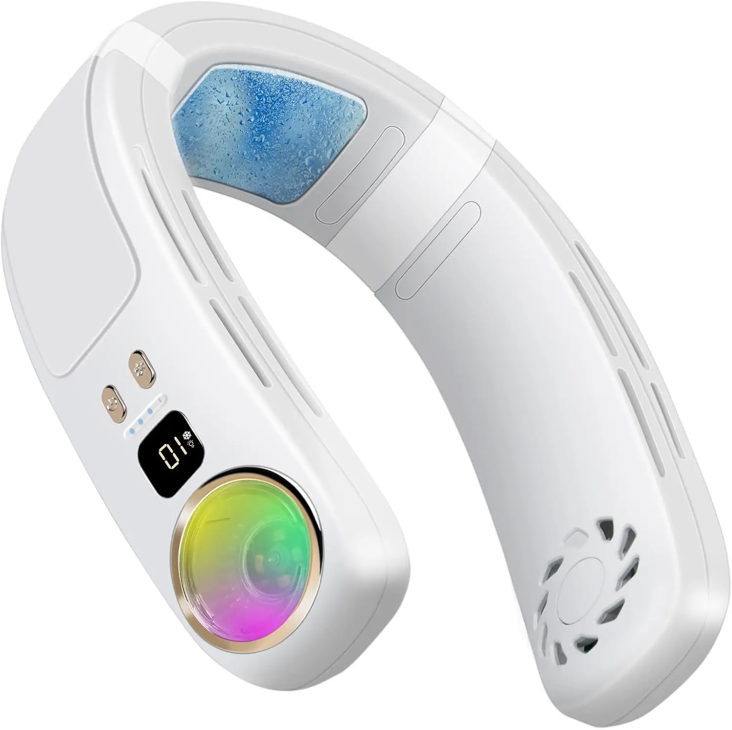 휴대용 에어컨은 차가운 공기를 불어 넣습니다. 여행용 충전식 휴대용 팬 Bladeless Wearable Personal Cooler