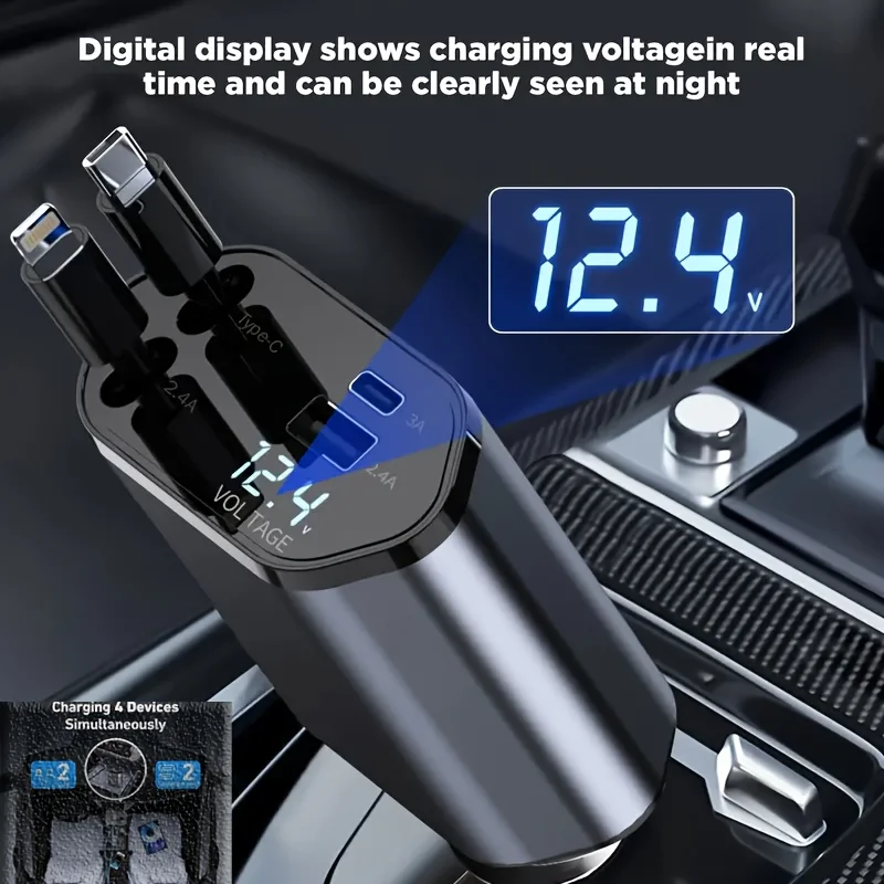 4 In 1 Fast Car Phone Charger, 180 °   Free Adjustment Direction, 2.6 Ft Retractable Cord USB C Port, For Ios And Type C Phone view 3