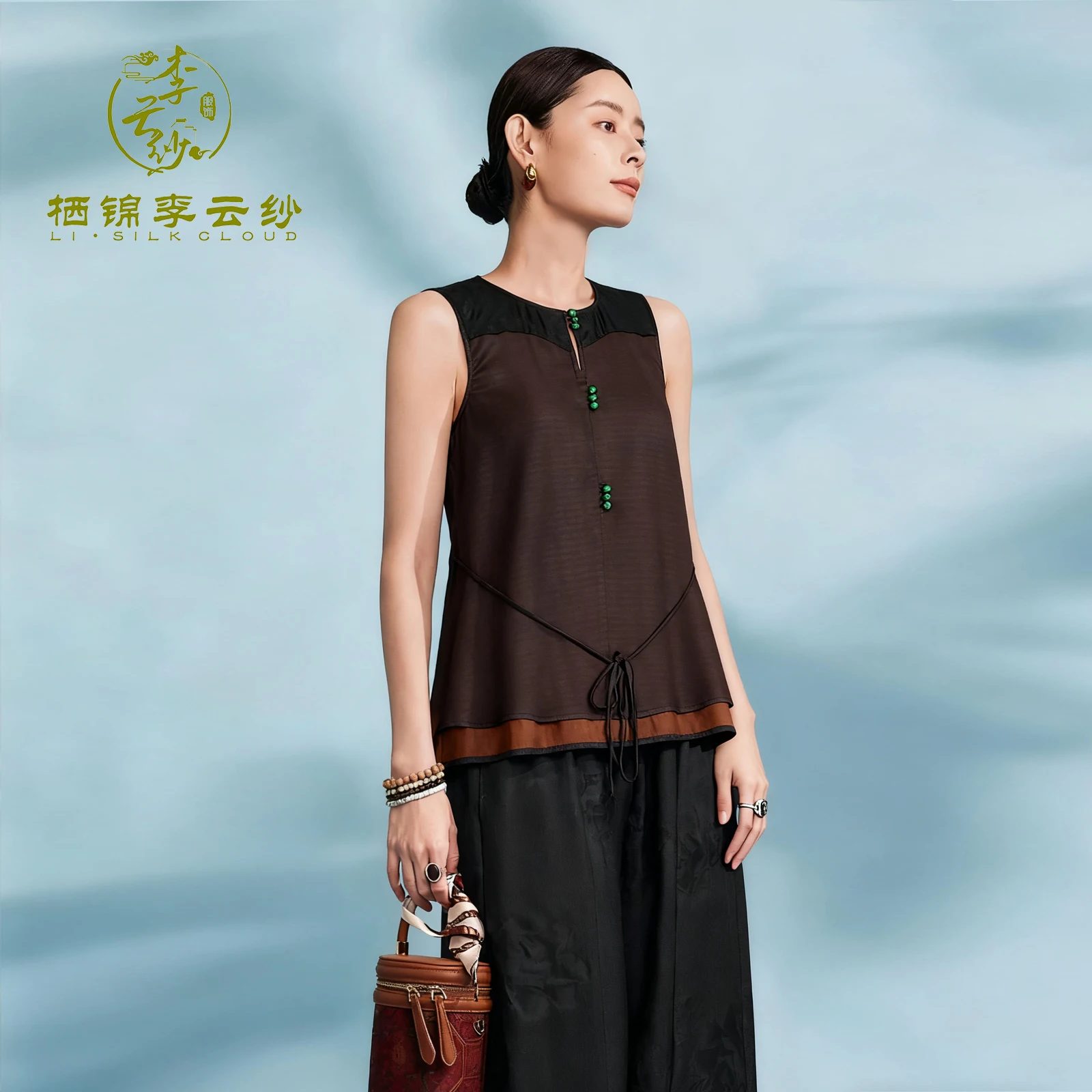 

LI SILK CLOUDxiangyunsha Camisole - Tie Detail Sleeveless Top, Soft Silk Fabric,Guangdong Black Pearl Gambiered Guangdong Gauze