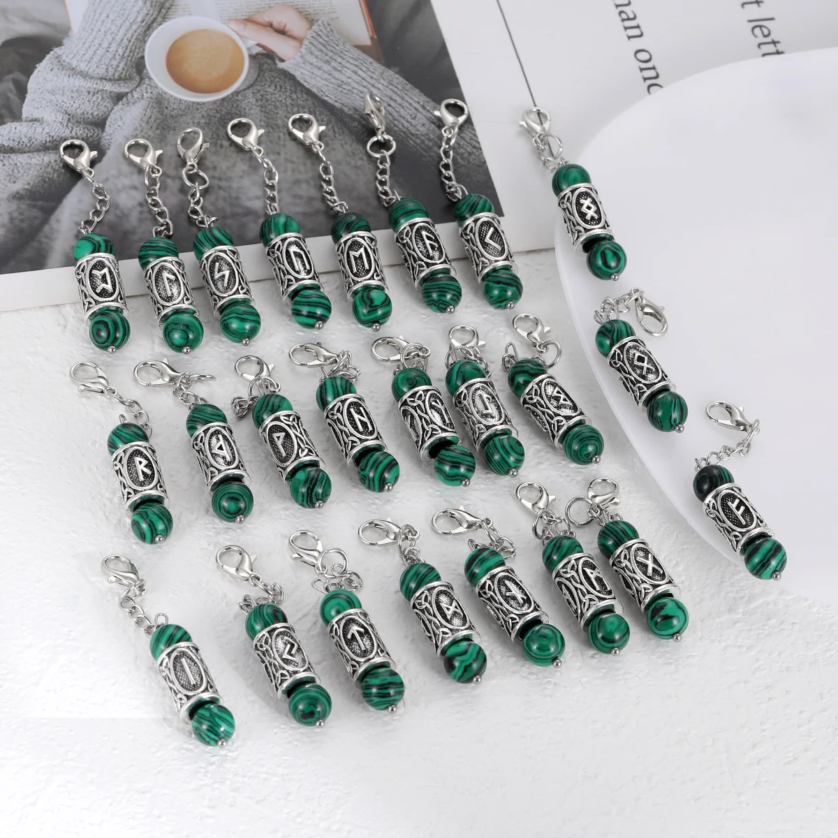 Green Malachite Stone Charms for Jewelry Making Supplies Metal Viking Runes Pendant Diy Necklace Bracelet Keychain Accessories