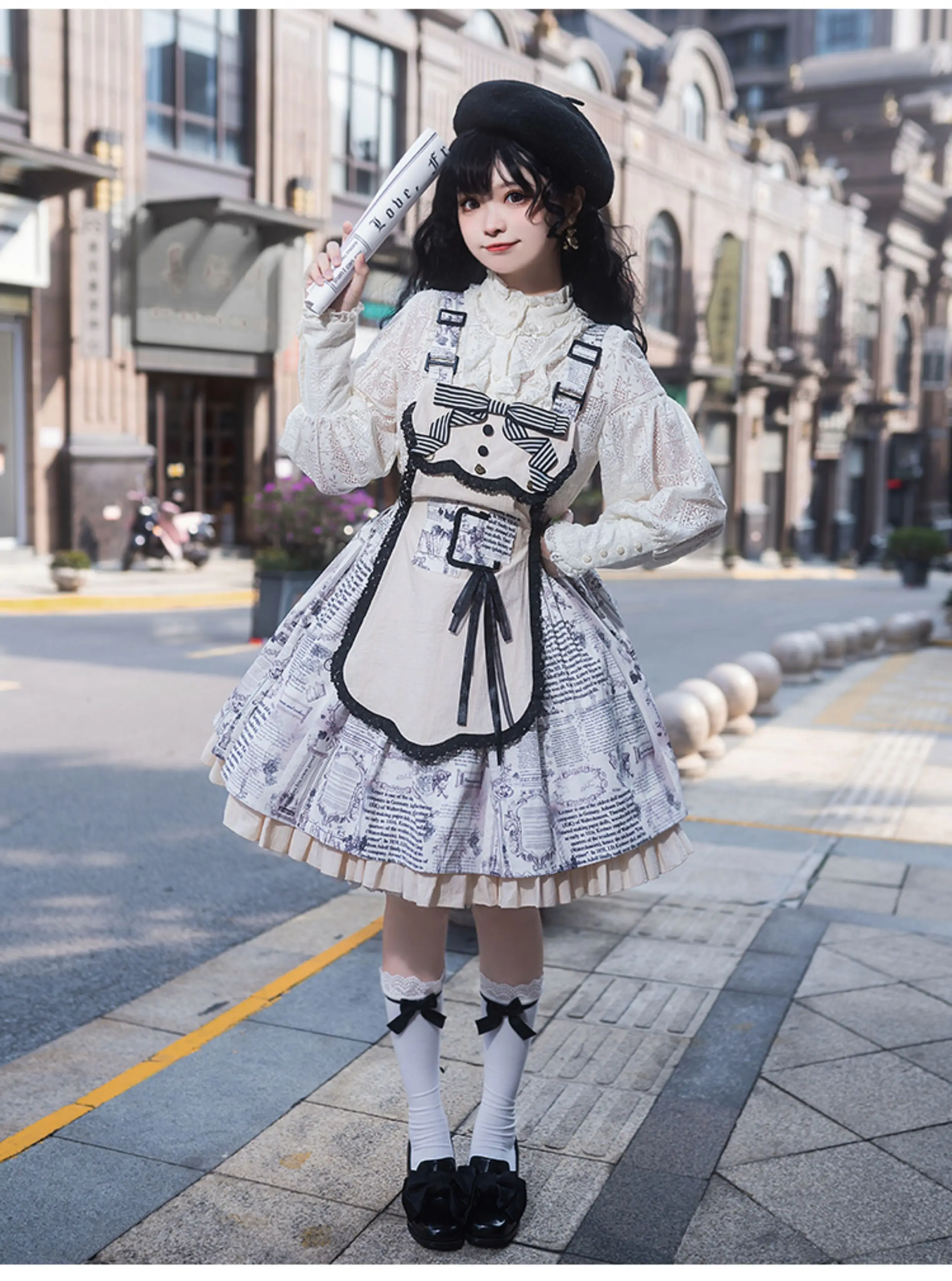 Primavera Autunno Vintage Grembiule staccabile Stampa Lolita Abito con cinturino al collo quadrato Dolce fiocco Ragazze Vita alta A-line Grandi abiti altalena