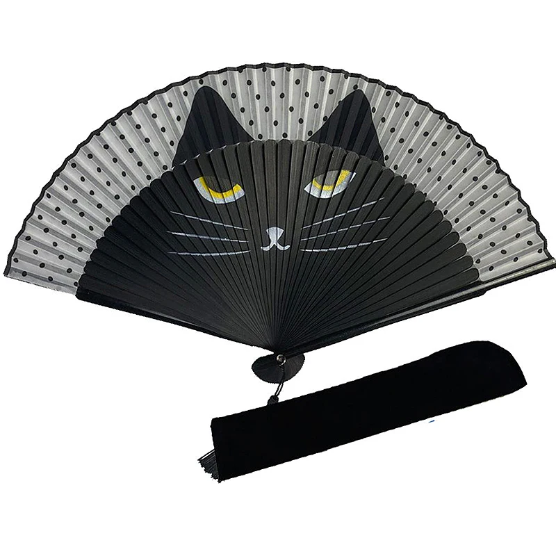 Chinese Japanese Style Painted Cat Folding Fans Cartoon Kitten Bamboo Bone Hand Held Fans Wedding Party Dance Fan Decorations