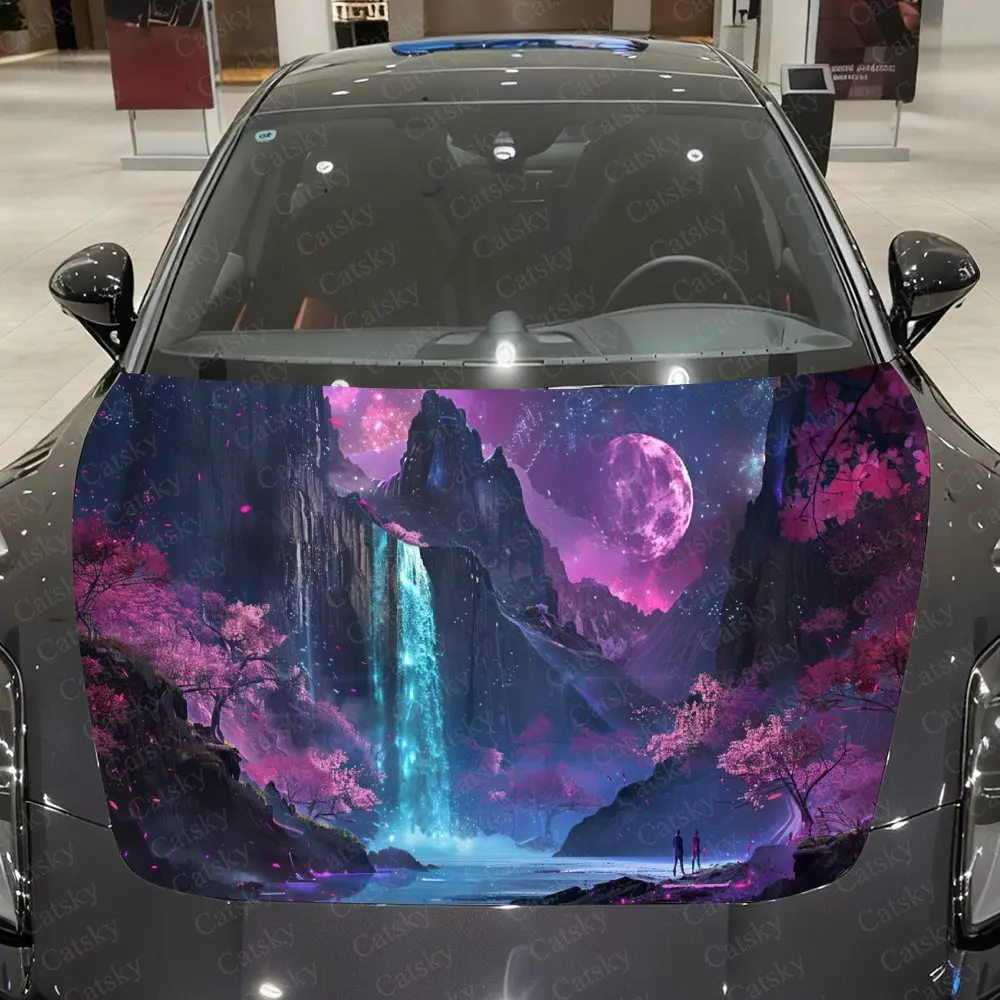 

Purple Moon Waterfall Secret Realm Car Vinyl Wrap, PVC Material Waterproof Car Hood Sticker, Self-Adhesive Scratch-Resistant Sti