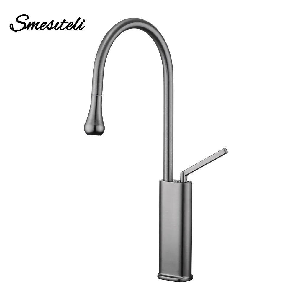 Gunmetal Gray Kitchen Faucet Pull Out Water Drop Sprayer Single Handle Sink Mixer Countertop Installation Hot And Cold Water Tap