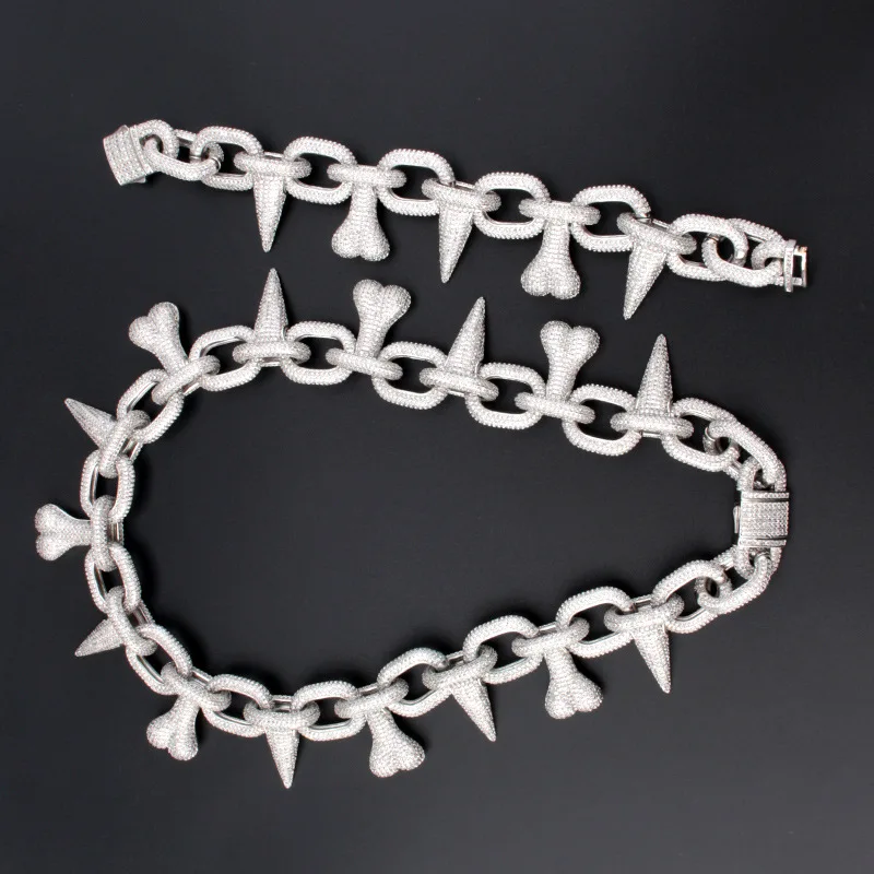 

Europe America Luxurious Miami Hip Hop Style Men Women Lady Inlay Full Czech Zircon Cuba Bone Thorns Chain Bracelet Necklace