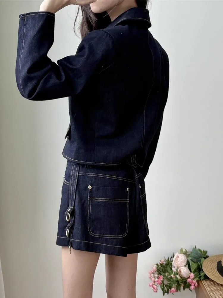 Set Jaket Denim Manis Fashion Musim Gugur Mantel Kerah Lipat Berkancing Dua Set Dua Potong Pakaian Rok Ruffle Mini Di Atas Lutut