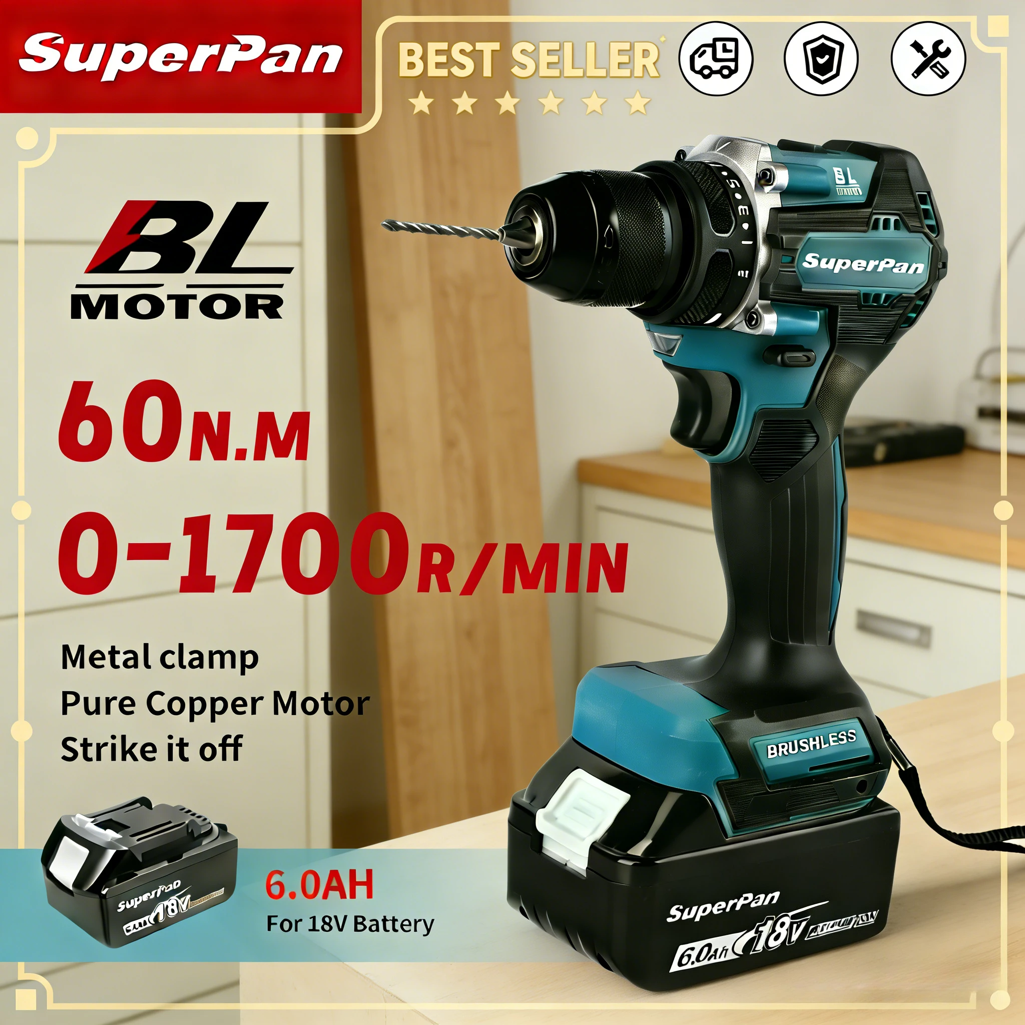 

SuperPan SP487 Brushless Drill, Heat Dissipation & Double Speed, for Multi-Scene Drilling & Fixing for makita 18V battery pin
