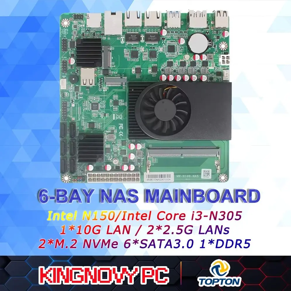 

Kingnovy 1*10G 2*i226-V 2.5G 3LAN Материнская плата Intel N305 N150 NAS с 6 отсеками 6 * SATA3.0 2 * M.2 NVMe 1 * DDR5 Soft Router ITX Материнская плата