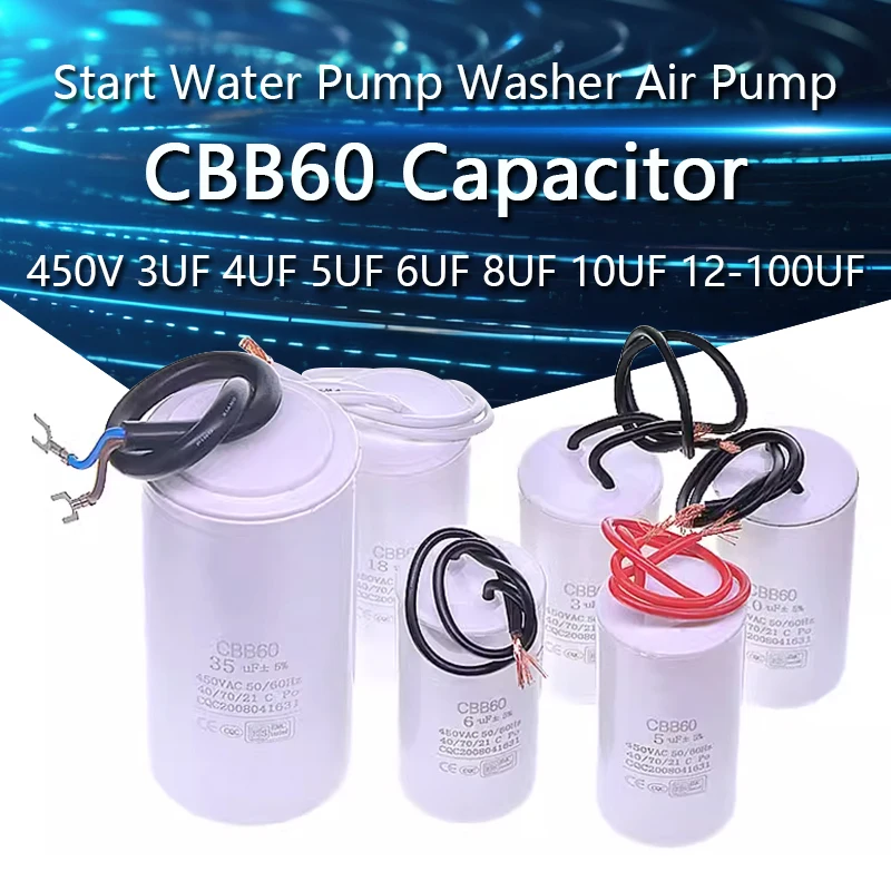 CBB60 Motor Run Capacitor 450V 3UF 4UF 5UF 6UF 8UF 10UF 12UF 14UF 16UF 18UF 20UF 25UF 100UF Start Water Pump Washer Air Pump