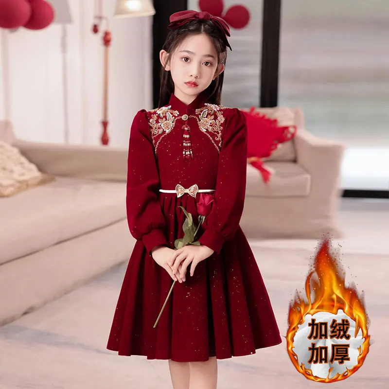 

Girls' Autumn and Winter Dress Dress2024New Chinese Style Children's New Year Dress New Year Clothes Fleece-lined New Year Dress