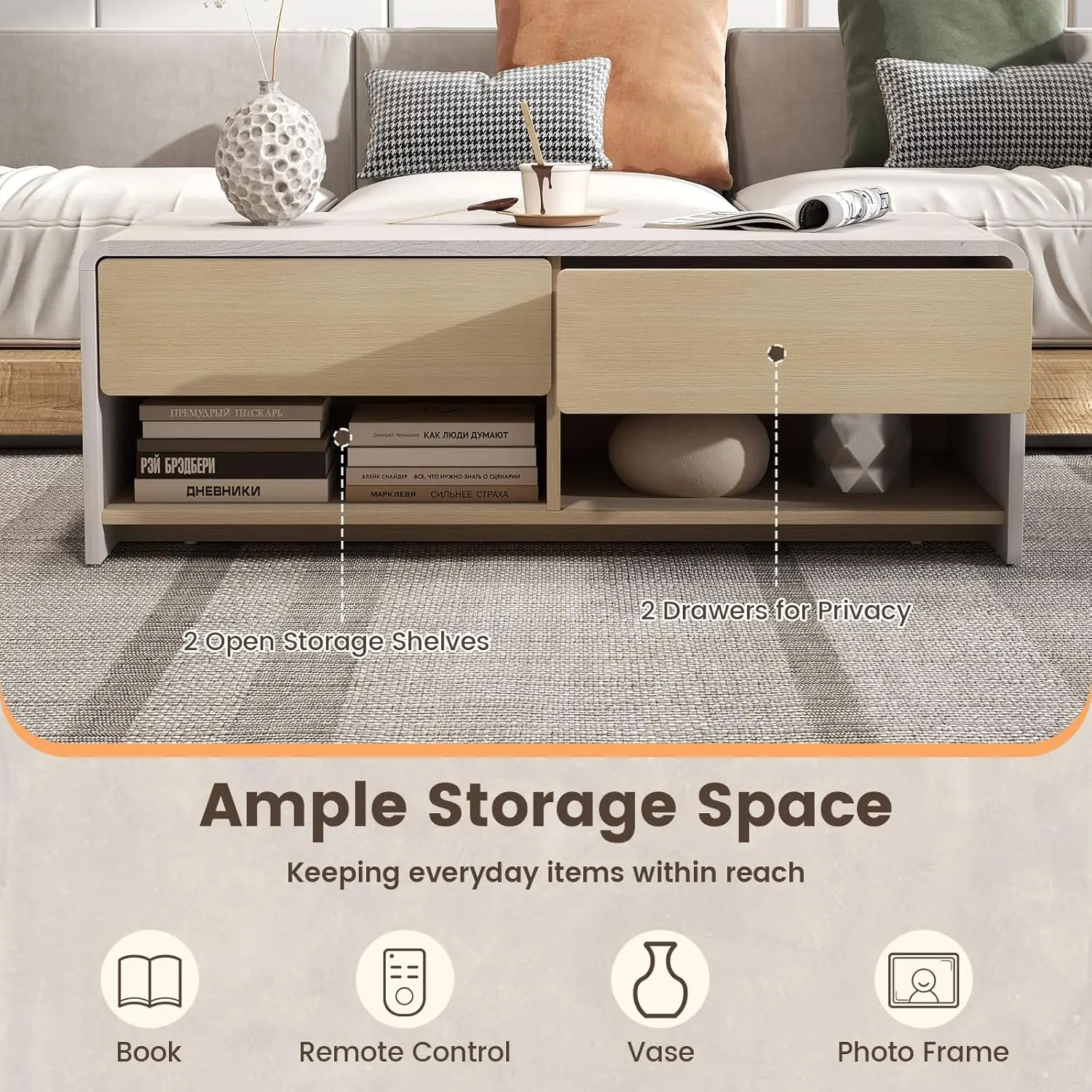 Mesa de centro de madera moderna de 43 pulgadas, mesa de té de cóctel rectangular con 2 compartimentos y cajones de almacenamiento para sala de estar