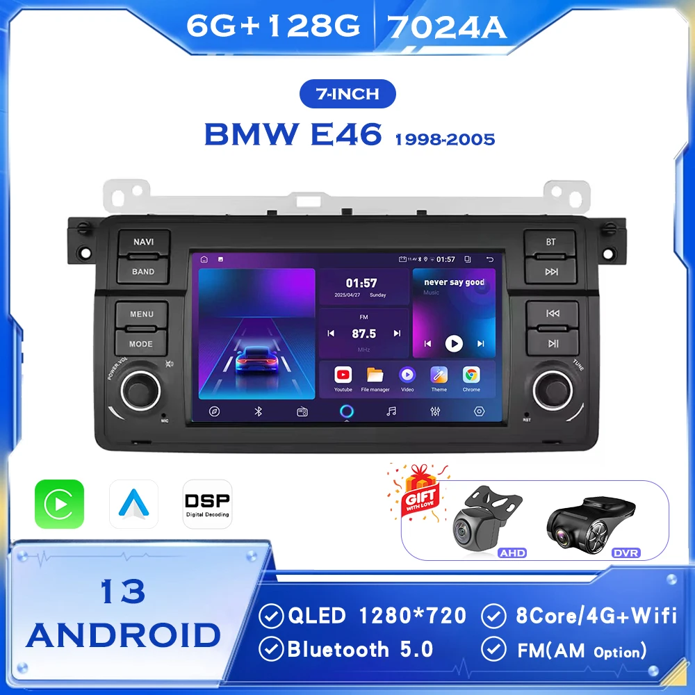 

BINGFAN 7 Inch Carplay Android Auto 2 Din Car Radio for BMW 3 Series E46 1998-2006 Wireless Multimedia Player FM GPS WiFi