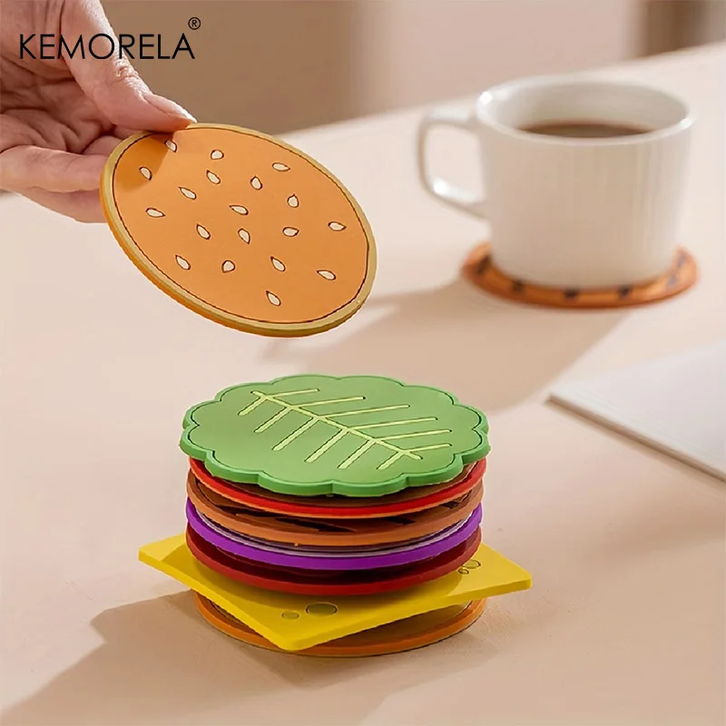 

8pcs/set Burger Shape Coaster Creative Cup Pad Silicone Insulation Mat Mug Holder Kitchen Dining Bar Table Decorations Kids Gift