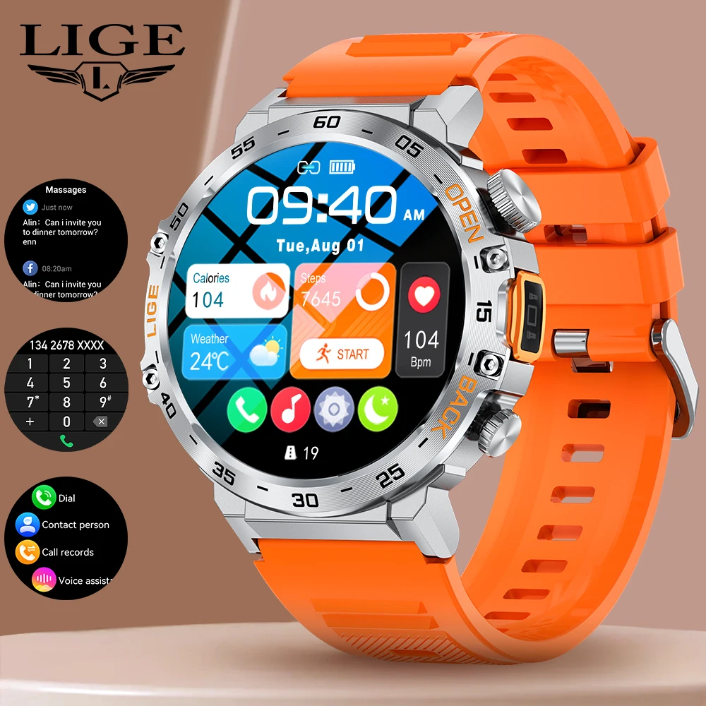 

Смарт-часы LIGE с LED-фонариком, военный стандарт, SOS, Bluetooth-вызовы, водонепроницаемые, мониторинг здоровья, 100+ спортивных режимов