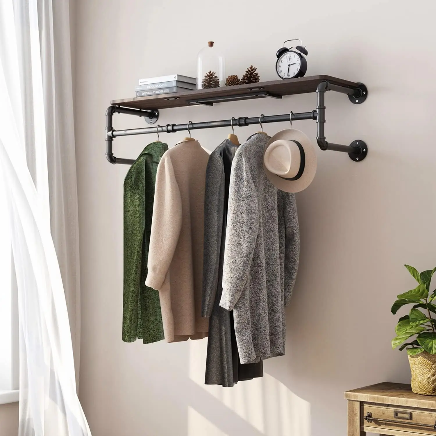 Clothes Rack with Top Shelf,41in Industrial Pipe Wall Mounted Garment Rack,Space-Saving Display Hanging Clothes Rack,Detachable