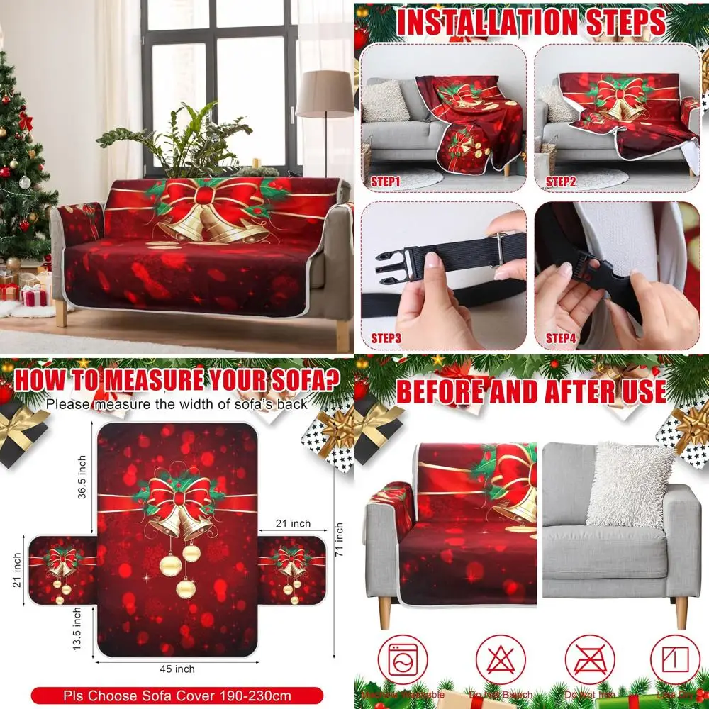 

Red Christmas Loveseat Cover with Jingle Bells for 2 Cushion Sofa, Washable Holiday Protection
