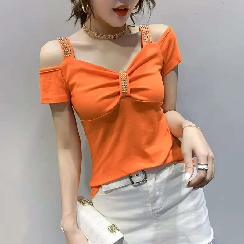 #5530 Stretch Cotton Short Off Shoulder T Shirt For Women V Neck Rivet Tight T Shirts Female Short Sleeved Slim Sexy Tops Summer