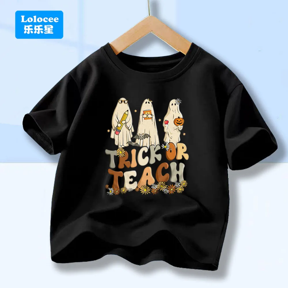 Kids' Cute Halloween Ghost Tee by Lolocee,TRICK OR TEACH Letter Print T-shirt Boy Girl Tops, Festive Children's Clothes WS04