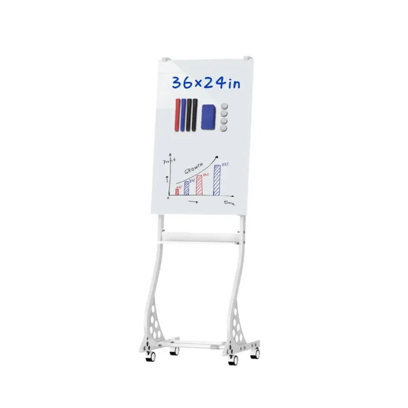 Mobile glass whiteboard, magnetic glass board/w height adjustable, large portable dry eraser board with stand and wheels